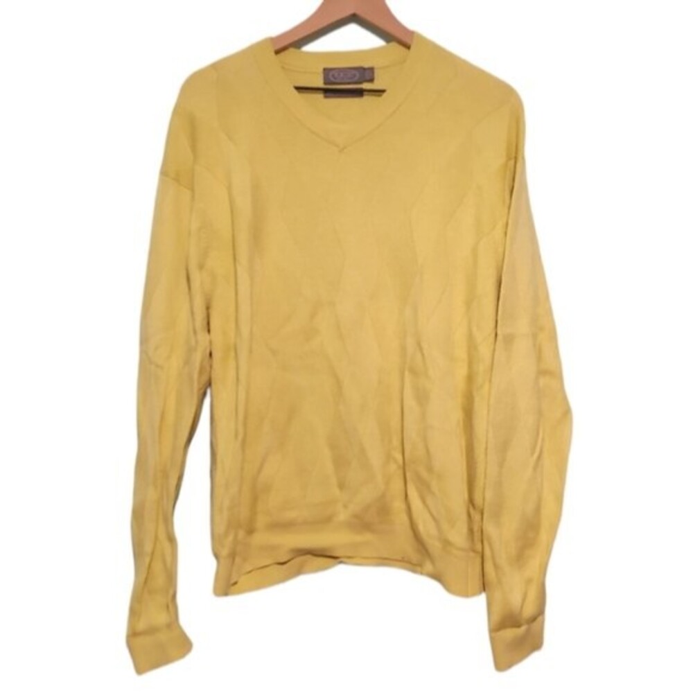 Talbots Men's 100% Pima Cotton Pastel Yellow Diamond Knit V-Neck Sweater Size La